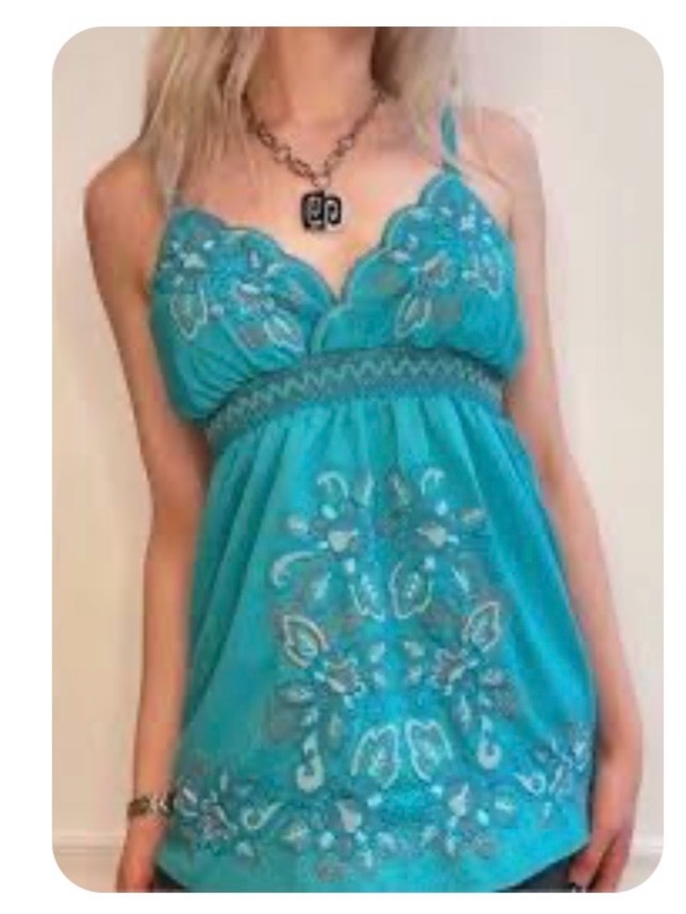 Y2K HeartSoul Turquoise Embroidered Spaghetti Strap Babydoll Top